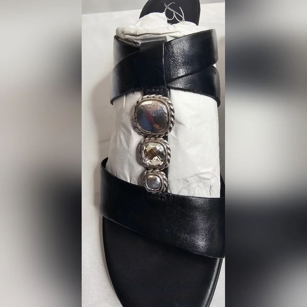 7 M Brighton Trista Shoes Slip-on Block Heels Sandals Black Leather Open Toe